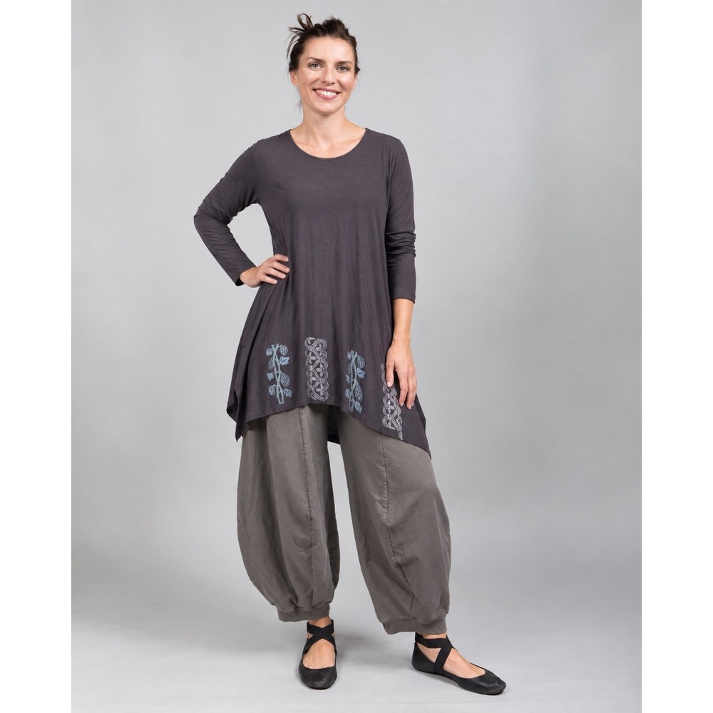 Blue Fish Clothing Tunic Top Womens 2 Brown Hand Print Long Sleeve Lagenlook